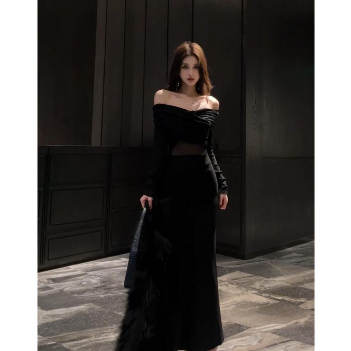 秋季新款网纱拼接包臀长裙时尚法式气质一字肩性感透视长袖连衣裙