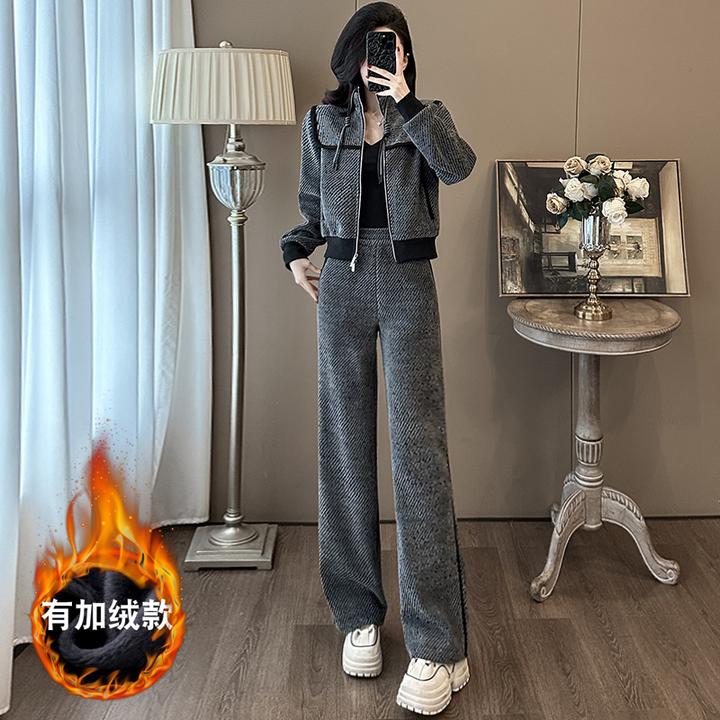 酷飒高级感休闲时尚套装女2024秋冬欧货灰色短款外套直筒裤两件套