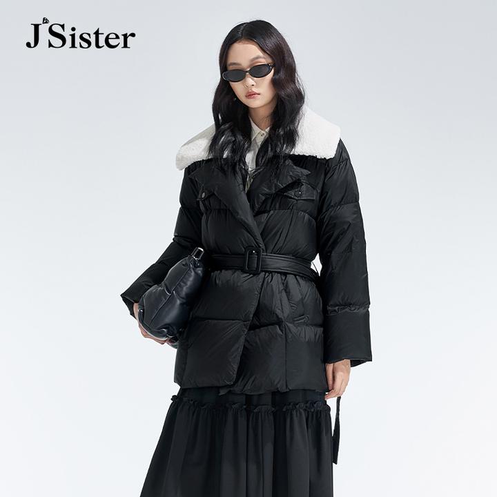 jsister冬装新款JS女装时尚设计感流行黑色收腰羽绒服羽绒服女