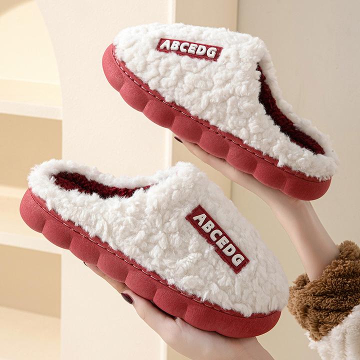 2024新款皮标踩屎感棉拖鞋情侣羊羔绒鞋居家防滑保暖女士可爱男