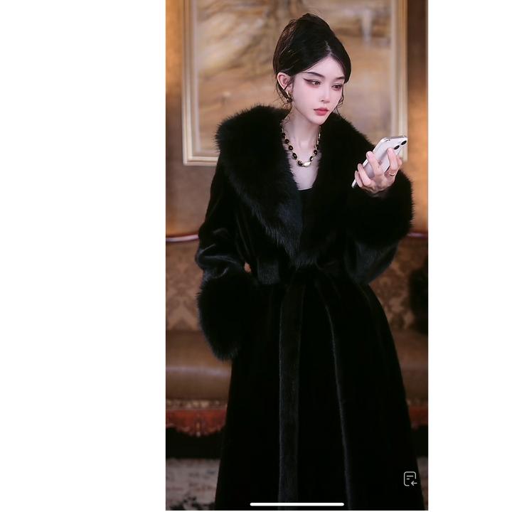 法式高奢气质秋冬新款黑色长款大毛领毛毛外套