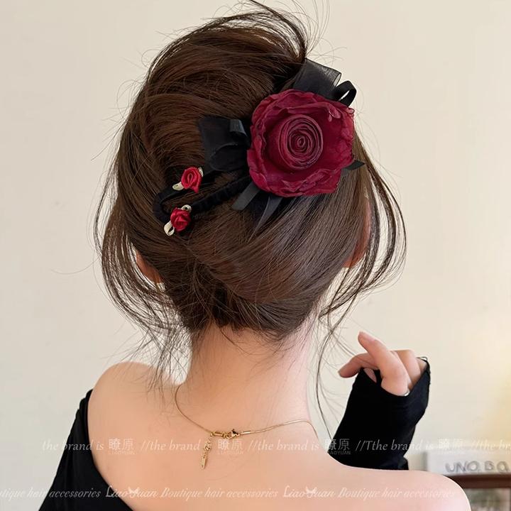 神秘玫瑰花朵发夹女2024新款高级感后脑勺一字发抓夹大号鲨鱼夹子
