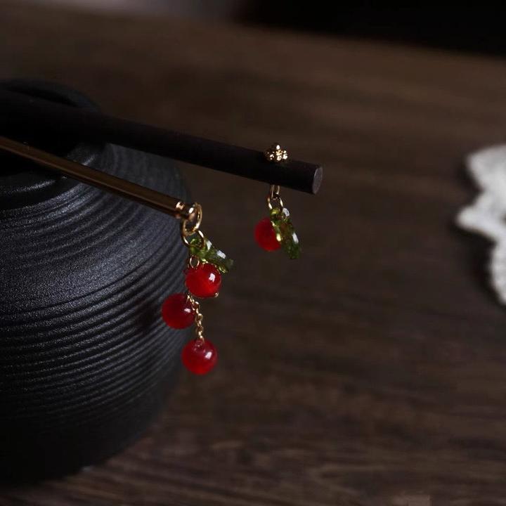 红色浆果森系复古木簪素簪日常盘发简约精致古风发簪学生可爱簪子