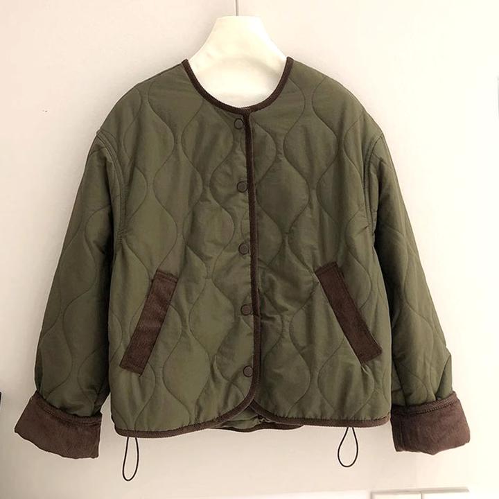 冬季时尚水波纹保暖棉服高级感拼接下摆抽绳撞色加厚防风圆领外套