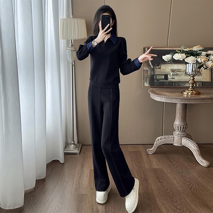 秋冬高级感运动套装女2025韩版牛仔拼色卫衣直筒休闲裤时髦两件套