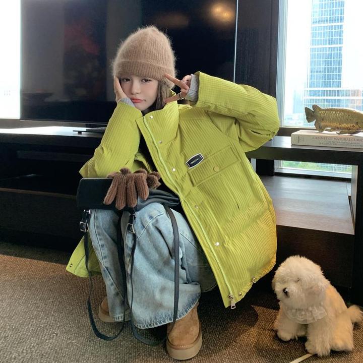 芥末绿华夫格羽绒棉服女2024冬季新款韩系ins宽松短款棉衣棉袄潮