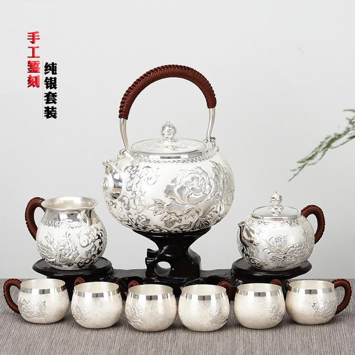 足银银制品 银壶纯银999纯手工足银茶具牡丹花烧水壶提梁套装工厂