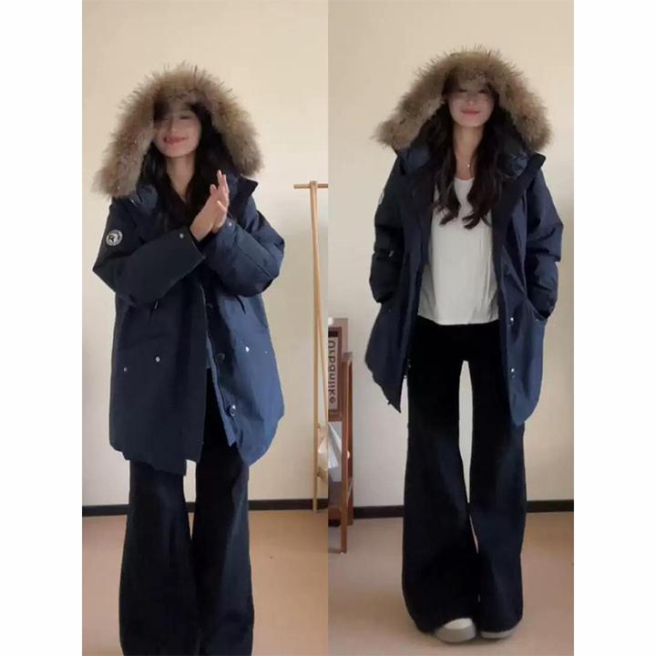 大码女装藏青色棉服女胖mm韩版学院风保暖加厚大毛领派克服外套女