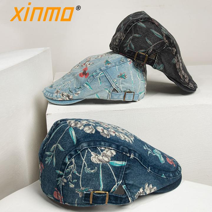 四季款帽子男女前进帽牡丹花朵水洗牛仔民族风贝雷帽休闲画家帽潮