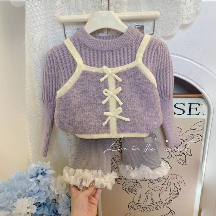 套装秋冬装紫色小香公主加厚加绒裤子洋气两件套秋冬新款童装