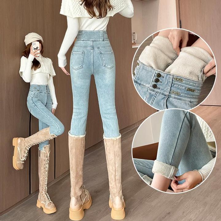 高腰加绒加厚小脚牛仔裤女秋冬季2024年新款修身显瘦辣妹铅笔裤子