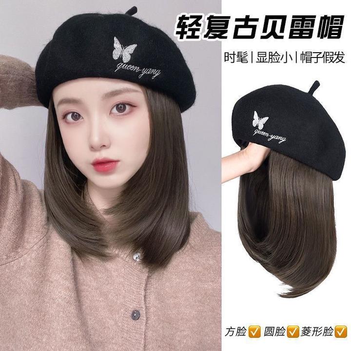 假发女短发帽子假发小香贝雷帽秋冬复古刺绣款帽子假发全头套