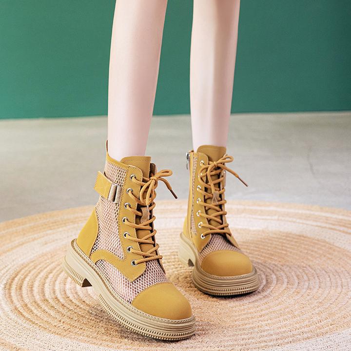 真皮网靴女2024夏季新款厚底内增高马丁靴时尚百搭透气镂空显高女