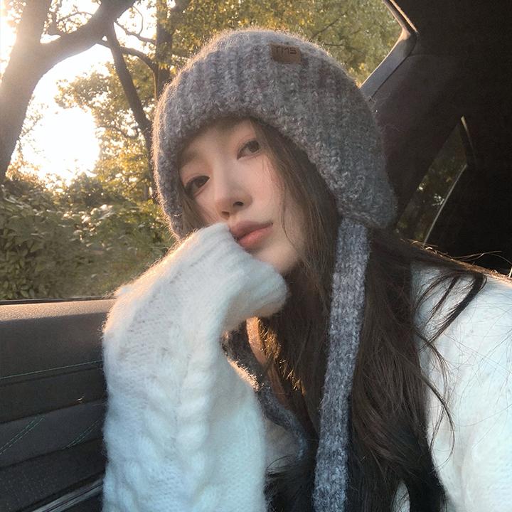 【猫仔Kitten】甜酷包头针织毛线帽子显脸小冬季护耳保暖系绳绑带
