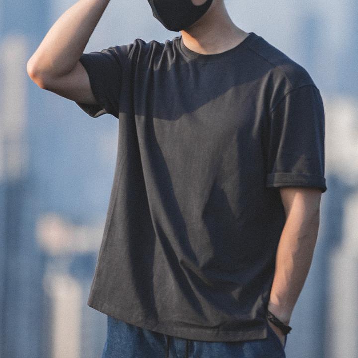 马登工装 美式复古重磅灰色T恤衫圆领短袖宽松纯色半袖打底衫男夏