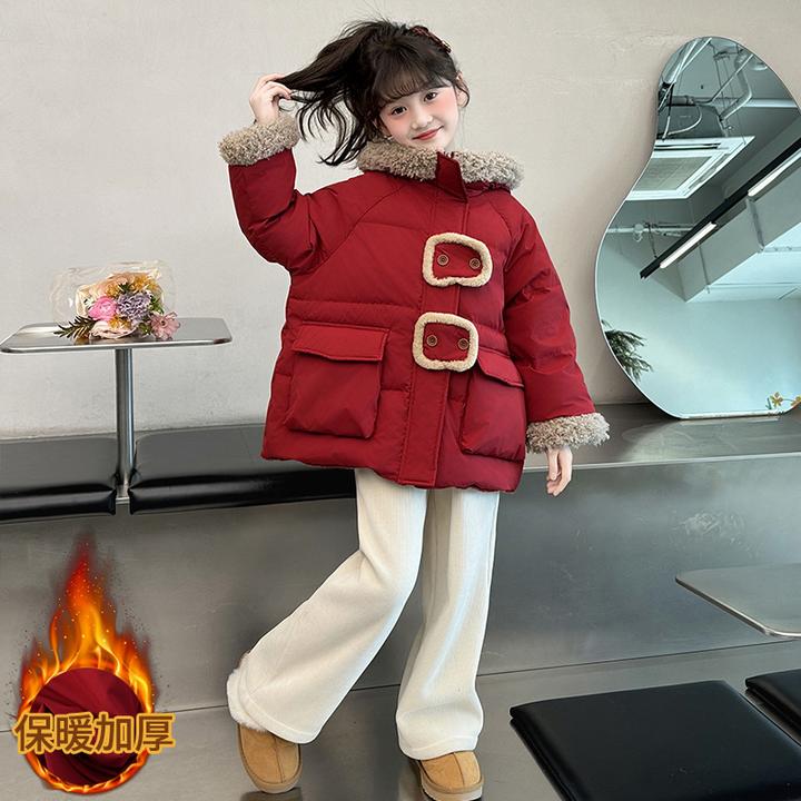 红色拜年服女孩冬季加厚双面穿连帽棉服女大童洋气格子毛呢大衣潮