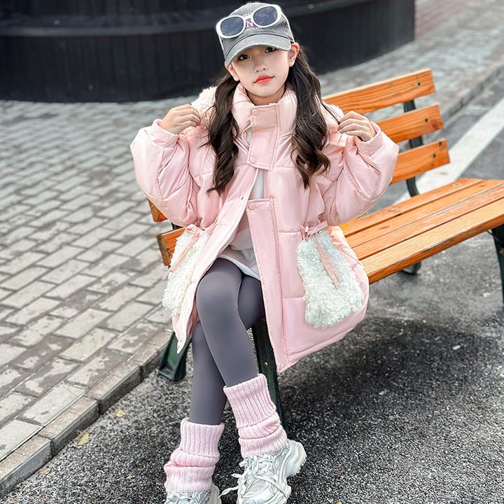 女童冬季甜美可爱棉服中长款时尚休闲中大童冬装加厚连帽棉衣外套