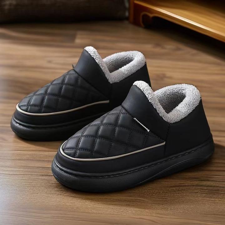 新款冬季加厚包跟皮面棉拖鞋女居家加绒厚底情侣保暖鞋防水防滑男