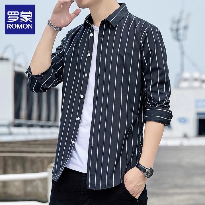 罗蒙长袖条纹衬衫抗皱男装衬衣商务2024秋季新款黑色休闲寸衫男士