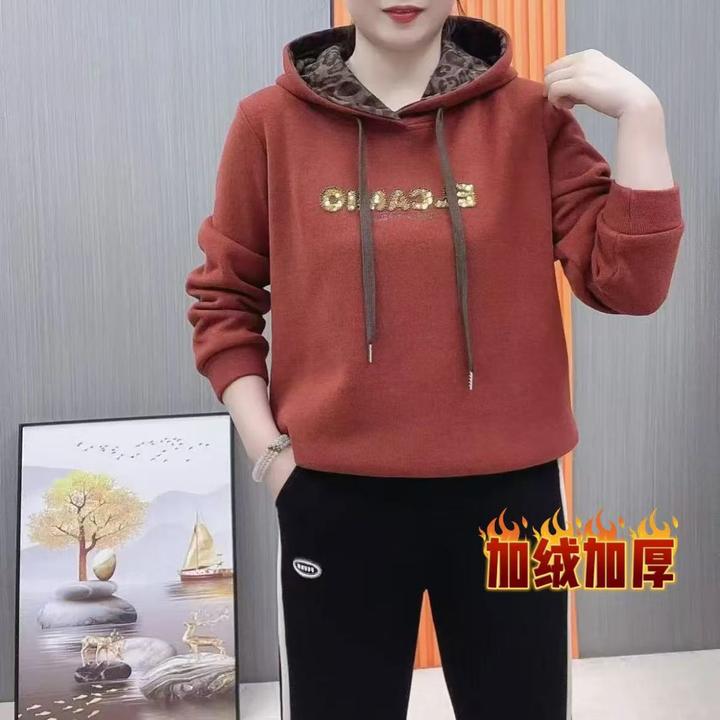 加绒加厚卫衣连帽豹纹冬季新款女士上衣时尚休闲百搭宽松遮肚显瘦