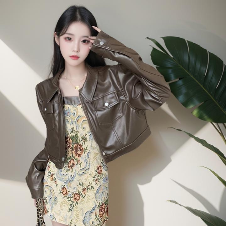 韩版潮流高腰短款棕色皮衣外套女春秋新款高级感港风复古pu皮夹克