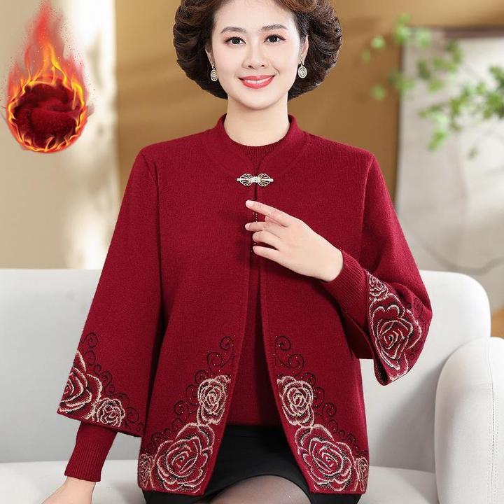 新款妈妈秋冬装加绒两件套上衣喜婆婆本命年中老年女洋气毛衣外套