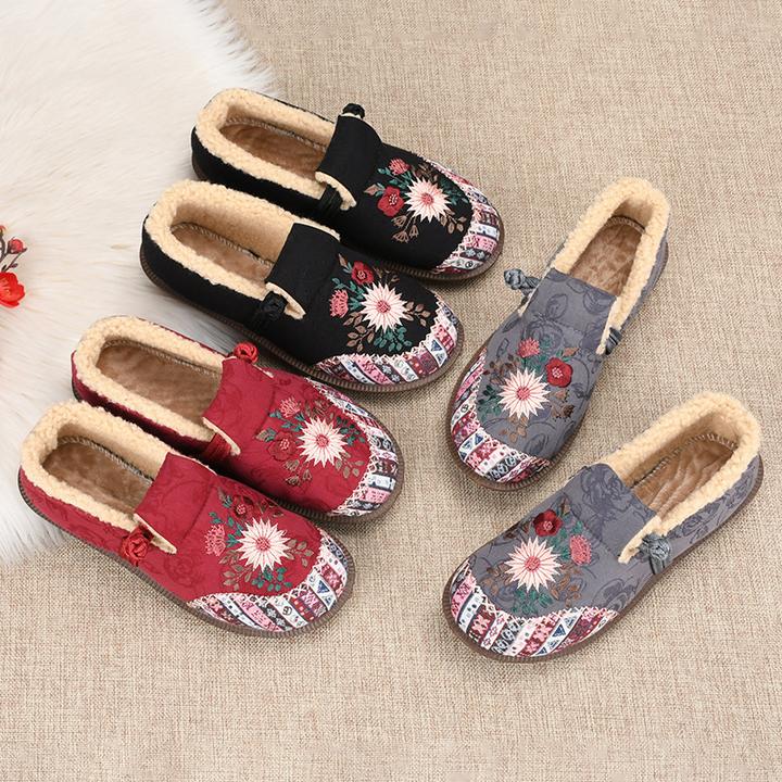 冬季新款毛毛鞋中国风绣花棉鞋加绒女鞋中老年软底妈妈鞋豆豆鞋