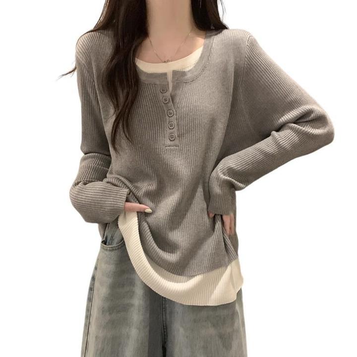 灰色假两件长袖德绒衫女秋冬新款宽松减龄内搭打底衫上衣2024