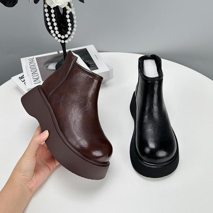 万达撤柜头层牛皮增高厚底炸街小短靴女2025年冬季新款加绒马丁靴