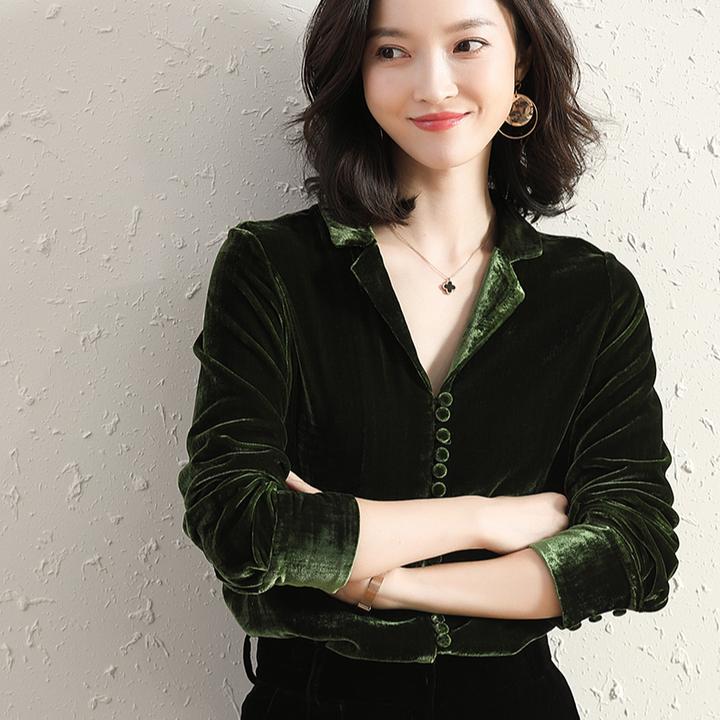 春季西装上衣真丝丝绒衬衫女士宽松大码纯色秋冬气质桑蚕丝洋气