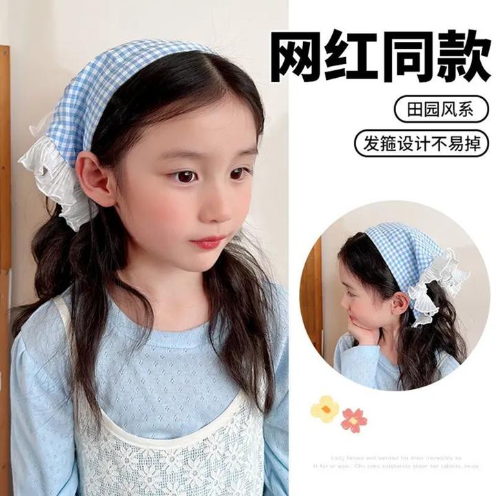 【梦蜜】女童法式甜美格子三角巾发箍夏季浪漫蕾丝田园风头巾免打理