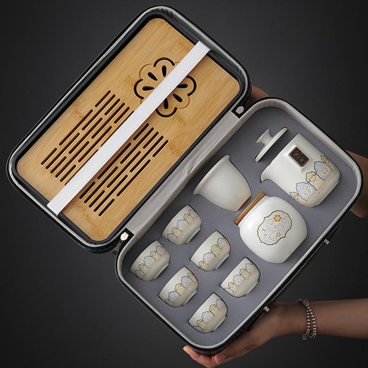 宋建白瓷一壶四杯旅行茶具套装 便携式户外陶瓷快客杯 功夫泡茶壶