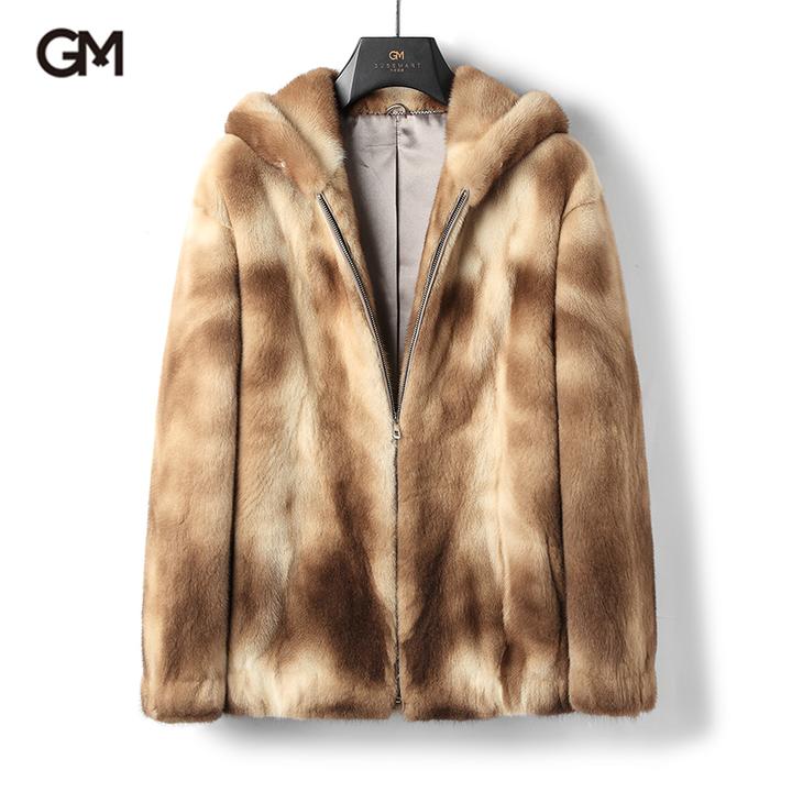 GUSS MART/戈斯迈特丹麦紫金短2大理石水貂皮大衣男连帽短款皮草