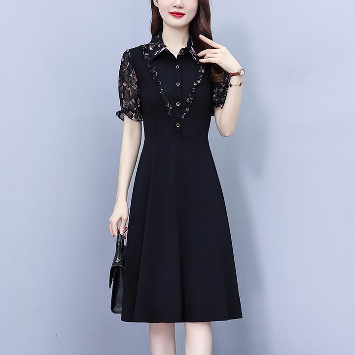 2025夏季中年妈妈大码女装胖mm雪纺碎花短袖修身显瘦遮肚子连衣裙