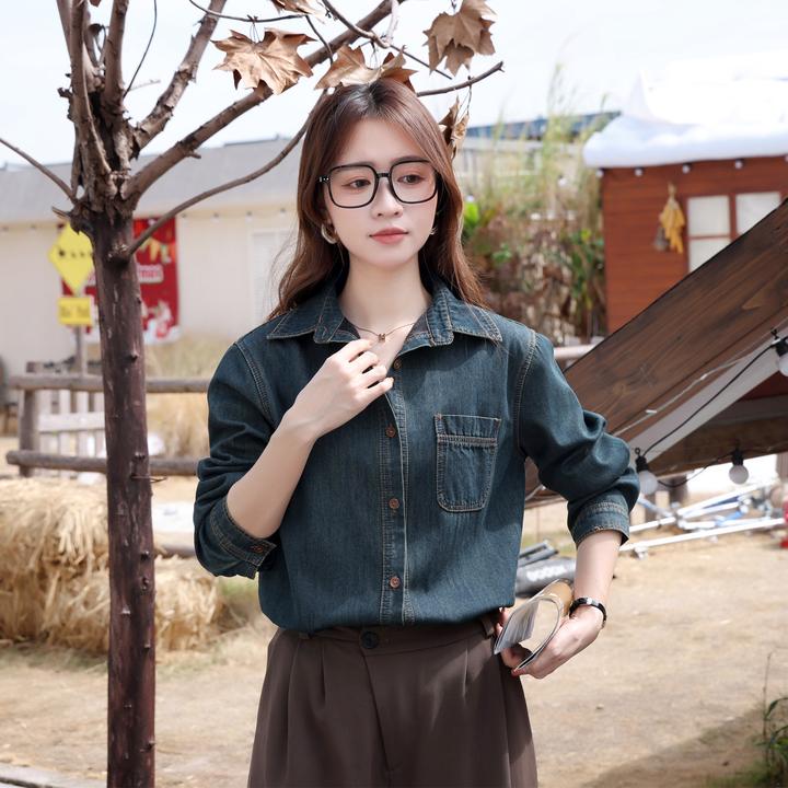 叠穿内搭复古港风衬衣外套女2024春秋季长袖牛仔衬衫上衣设计感