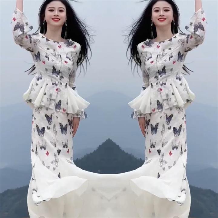 法式高级感优雅套装裙女年夏季新款收腰印花衬衫+鱼尾半身裙