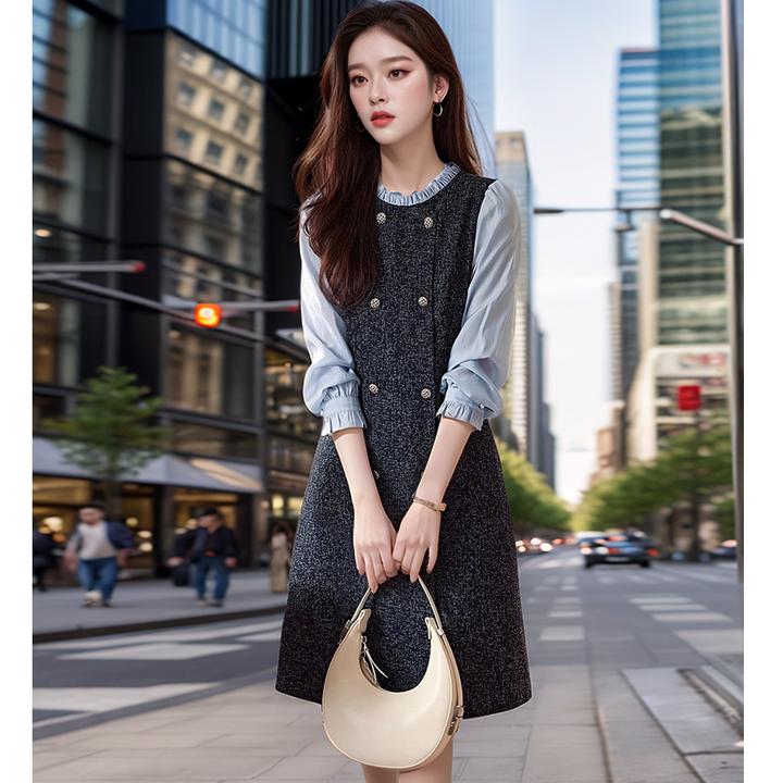 奢姿2025年秋季新款大码女装拼接减龄裙子胖妹妹立领假两件连衣裙