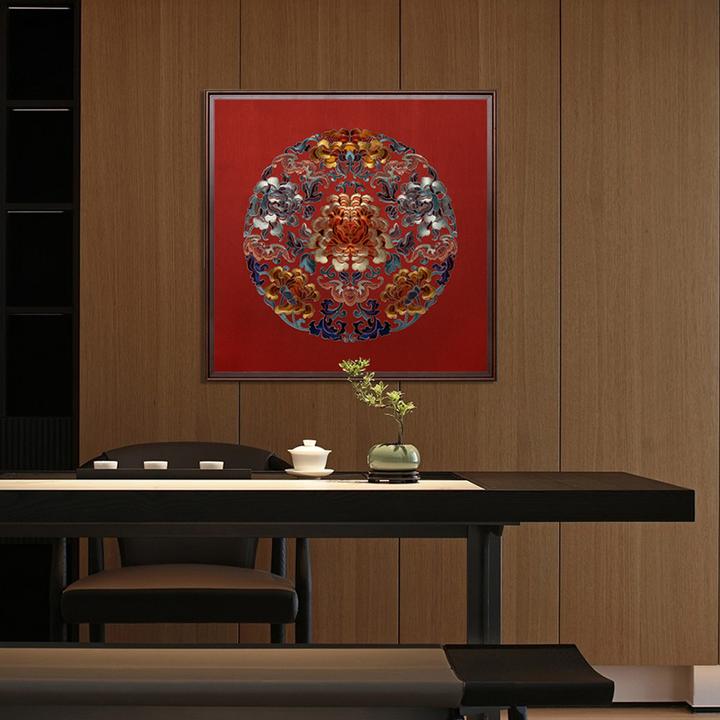 刺绣装饰画《牡丹团福》大幅苏绣中式牡丹新中式挂画玄关客厅书房