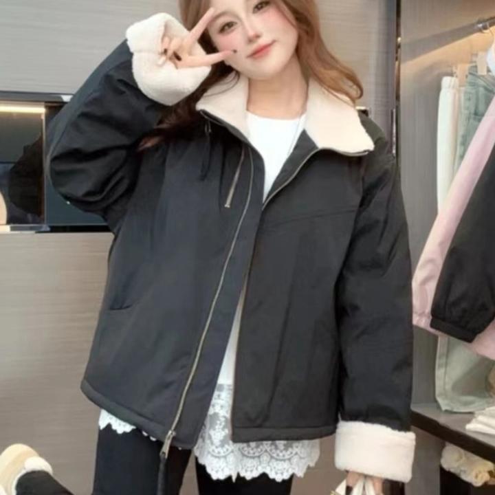 短款羊羔毛拼接立领加绒派克服女2024冬季新款宽松小个子棉衣棉服