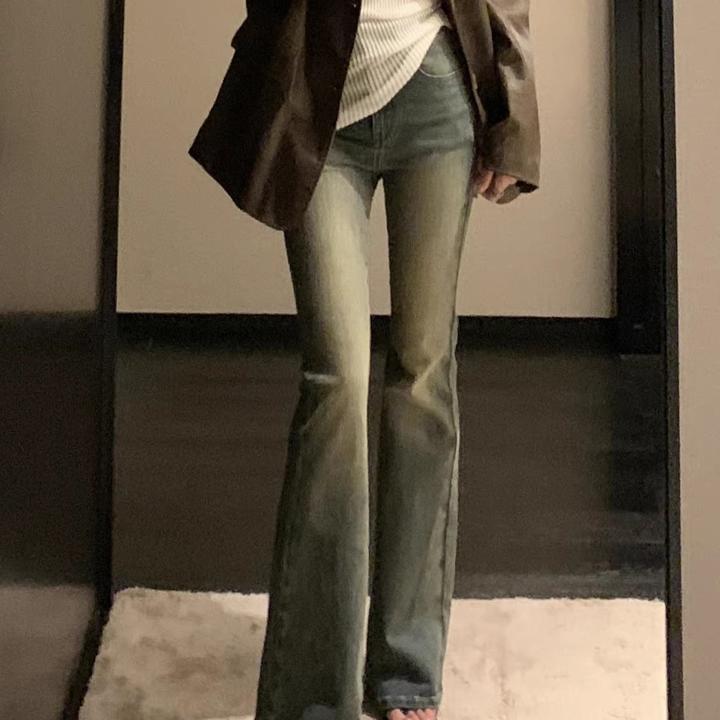 秋季时尚阔腿休闲显瘦高腰直筒微喇叭小个子弹力春秋复古蓝牛仔裤