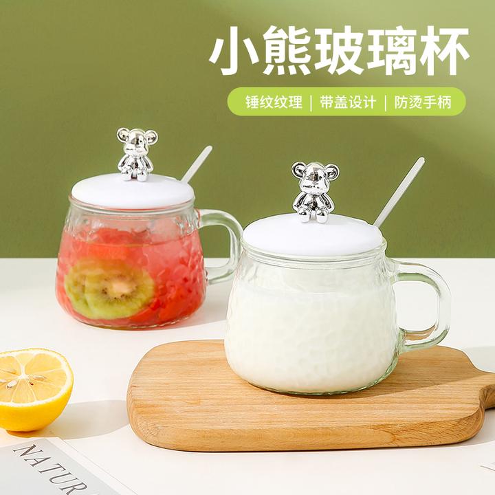 ins风可爱耐热玻璃水杯女生高颜值小熊玻璃杯带盖勺办公室早餐杯
