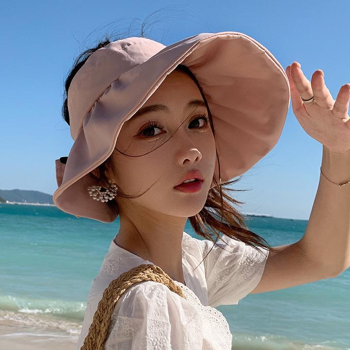 日系全棉褶皱蝴蝶结空顶帽女韩版百搭纯色棉布大头适合防晒遮阳帽