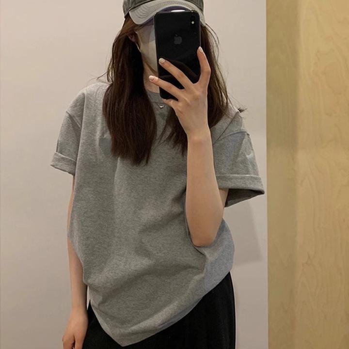 大码宽松灰色短袖纯棉t恤女百搭显瘦上衣新款夏季简约时尚体恤ins