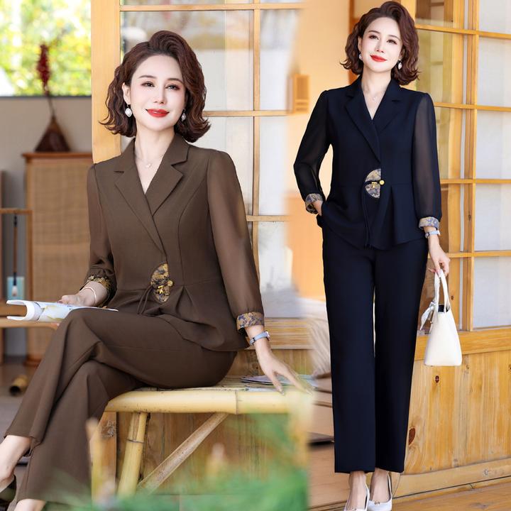 洋气妈妈装新中式西装两件套中年女中老年收腰显瘦纱袖时尚女套装