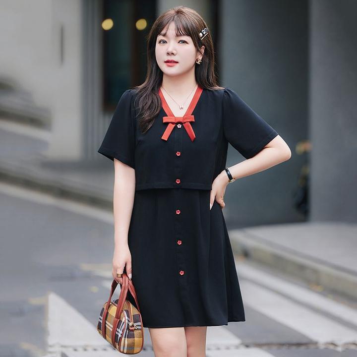 2025夏新款法式气质女装遮肉显瘦蝴蝶结减龄大码胖mm假两件连衣裙