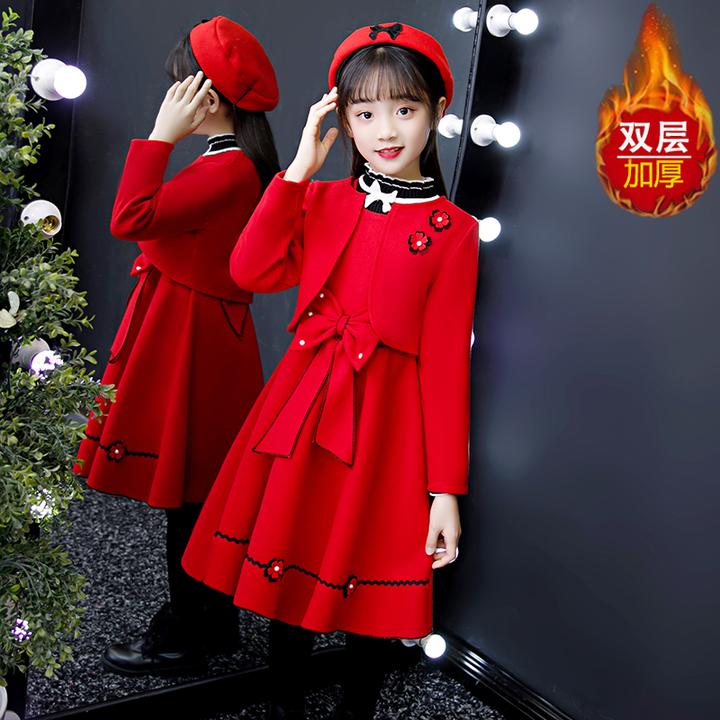 女童毛呢连衣裙2024新款秋冬儿童公主裙洋气秋冬女孩甜美套装裙子