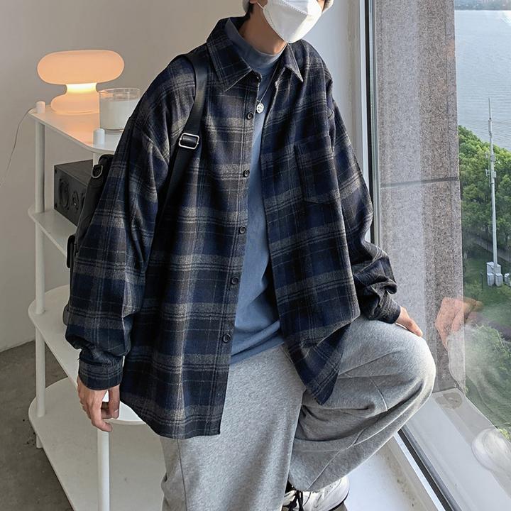 春秋厚衬衫男士格子外套潮流韩版宽松日系痞帅磨毛休闲长袖衬衣服