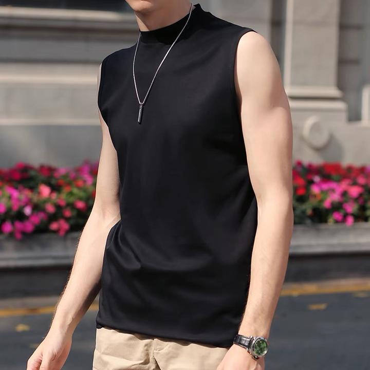 小圆领口男款潮流坎肩背心液氨纯棉透气无袖运动t恤纯色双丝光