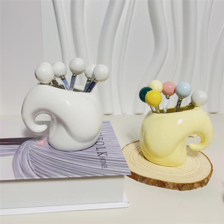 庄子然 小象陶瓷水果叉套装304不锈钢彩色水果叉子