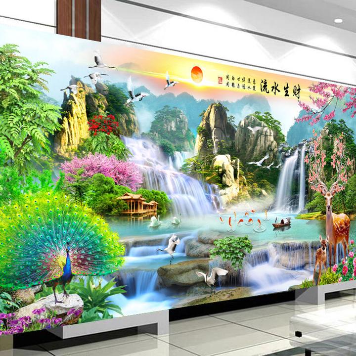 新款钻石画满钻流水生财风景山水画迎客松点贴钻十字绣钻石绣客厅